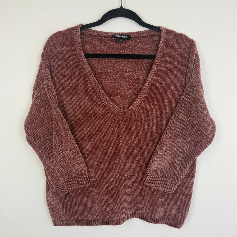 Express Womens Boxy V-Neck Cropped Relaxed Fit Soft Mauve Chenille Sweater Small